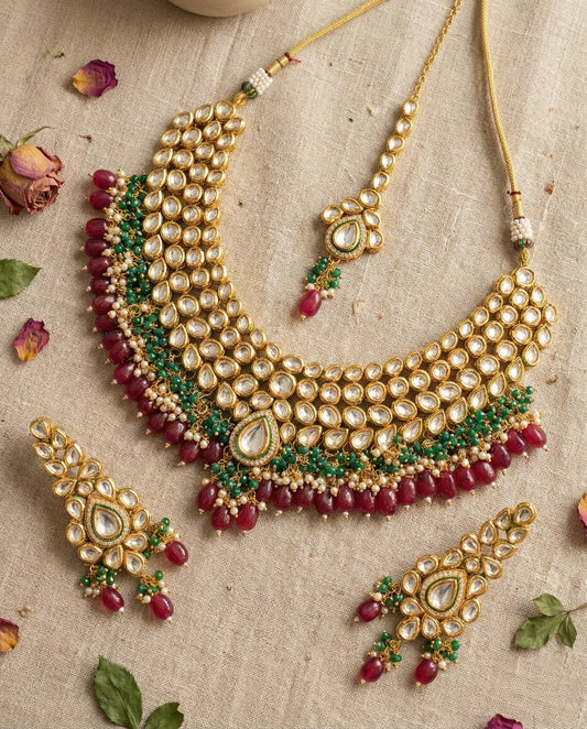 Main display view of the traditional Vasudha Premium Kundan Necklace with Maang Tika