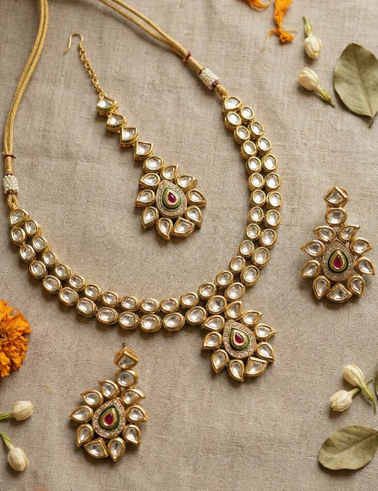 Main display view of the traditional Ira Premium Kundan Necklace with Maang Tika