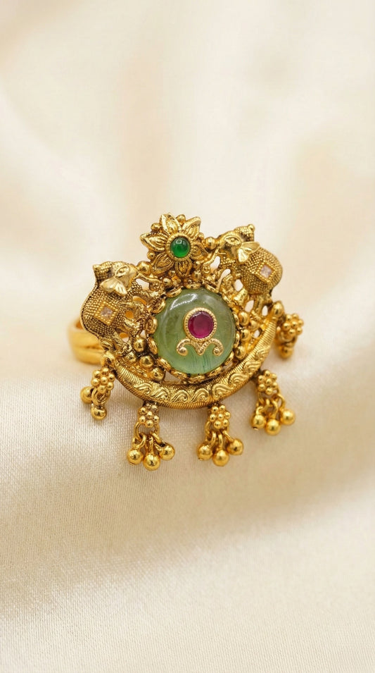 Main display view of the traditional Anubha Antique Gold Finger Ring