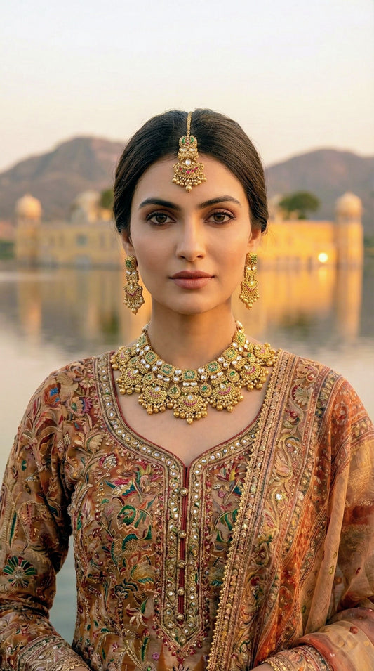 Alternate styling layout profile of Latika Premium Gold Look Heritage Necklace Set