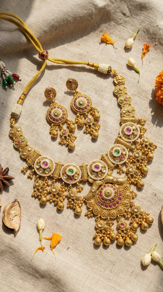 Main display view of the traditional Janaki Rajwadi Gold Look Heritage Necklace Set
