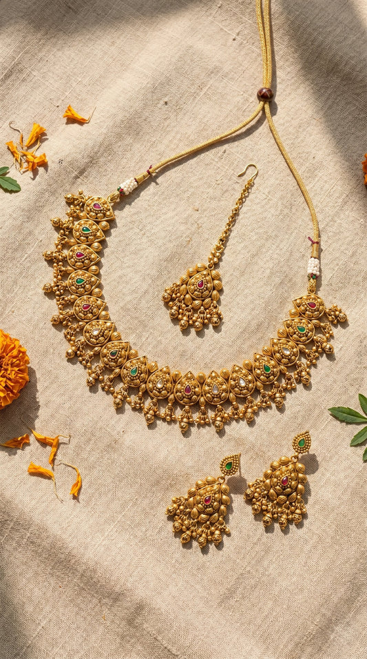 Aarushi gold look necklace set with matching earrings for women
