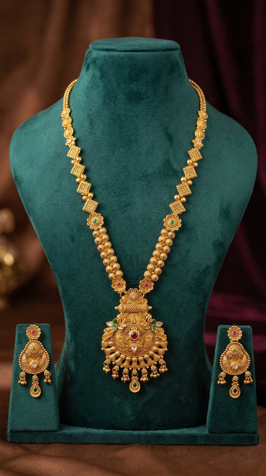 Bridal long necklace set for saree and lehenga in antique gold style