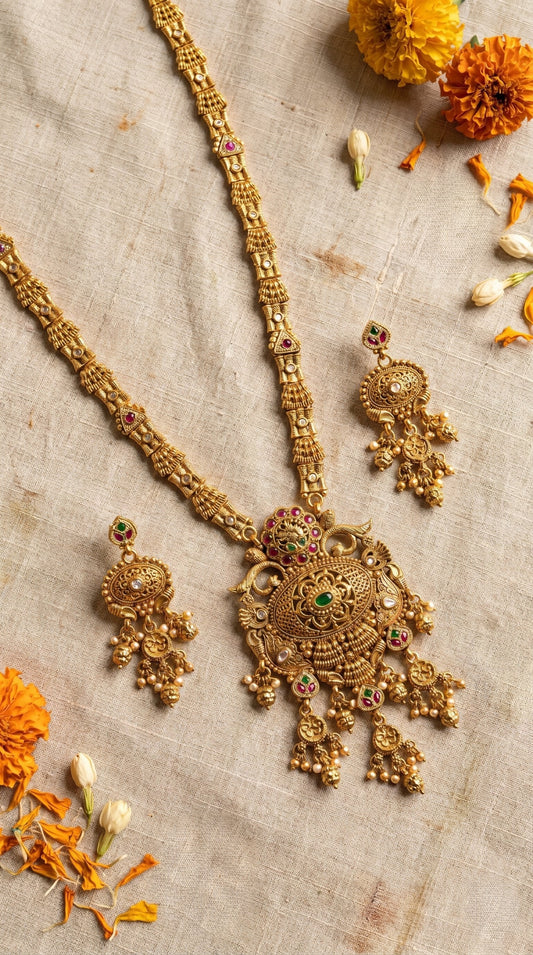 Charita premium Rajwadi long necklace set in antique gold finish with matching earrings