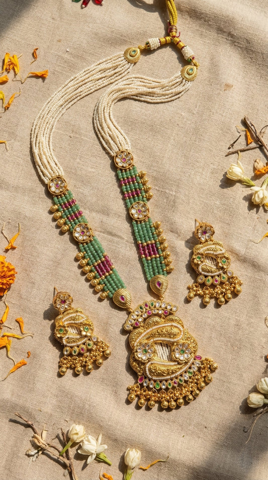 Nalima Heritage long necklace set in antique gold finish with matching earrings