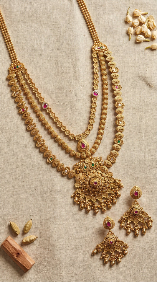 Rajwadi long necklace set in antique gold finish with matching earrings
