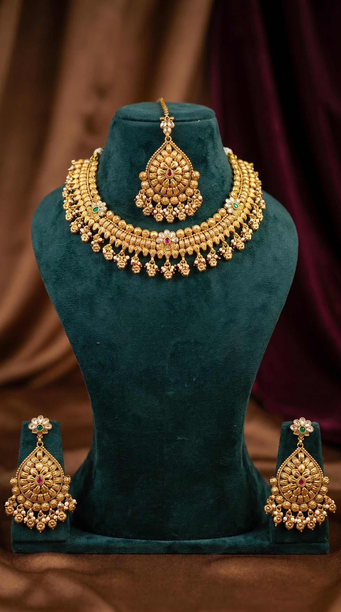 Manjusha gold look necklace set with matching earrings for women white