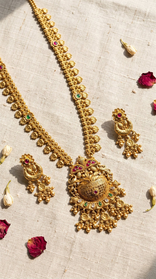 Misha Rajwadi long necklace set in antique gold finish with matching earrings