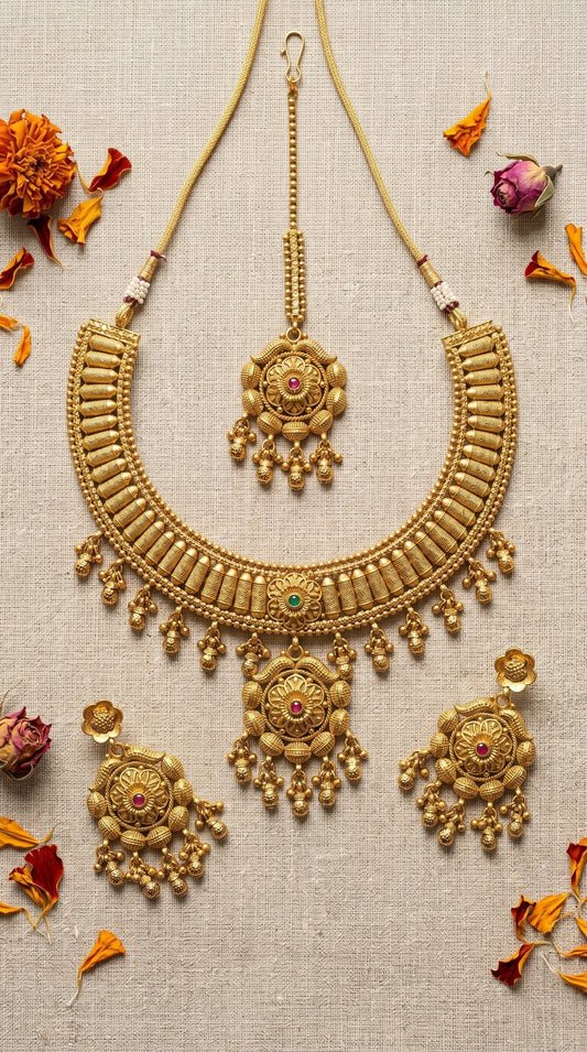 Pramila gold look bridal necklace set with matching earrings for women
