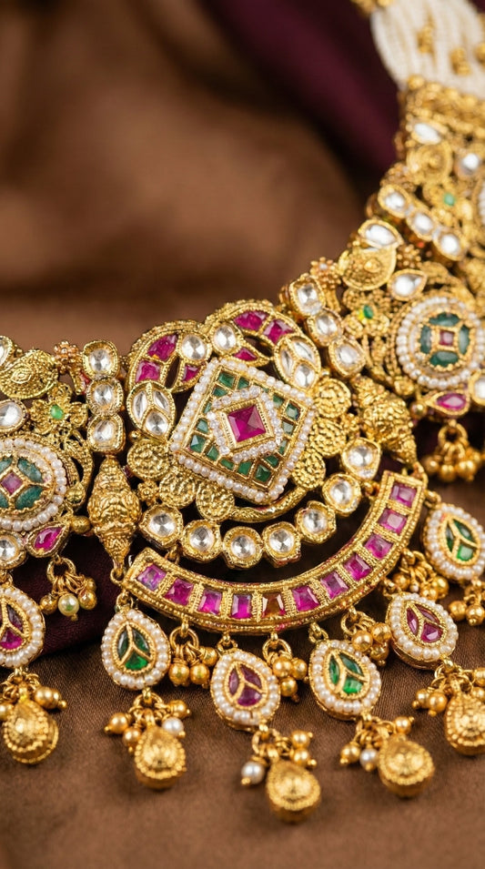Alternate styling layout profile of Mahima Antique Gold Look Heritage Necklace Set
