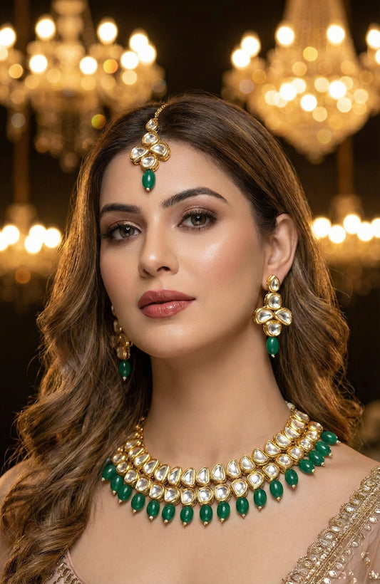 Alternate styling layout profile of Anika Premium Kundan Necklace with Maang Tika