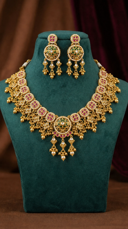 Detailed craftsmanship close up view of Yughvi Premium Quality Heritage Necklace Set