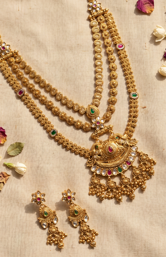 Rutvi elegant Rajwadi long necklace set in antique gold finish with matching earrings