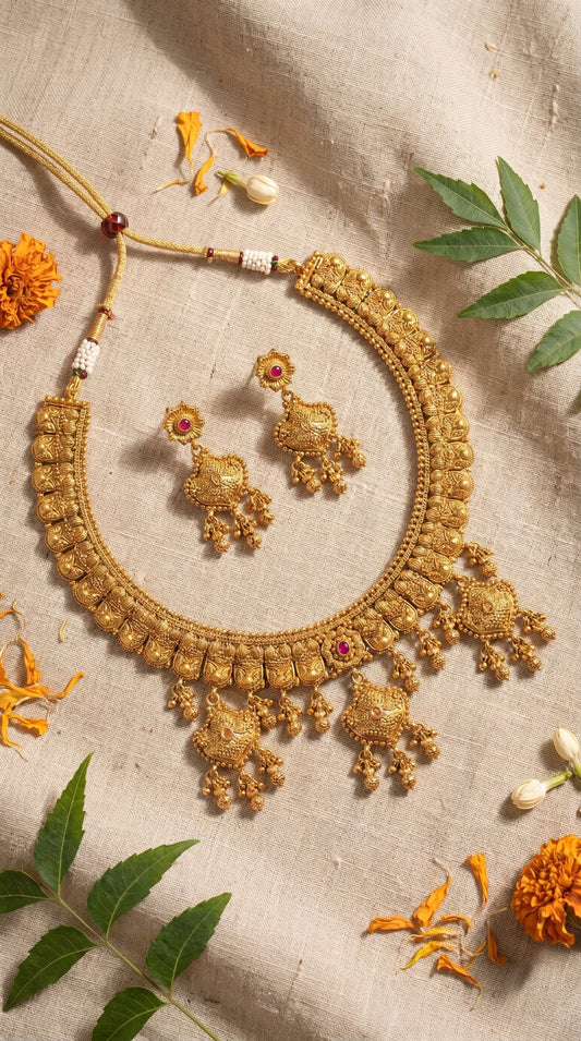 Sayani gold look necklace set with matching earrings for women