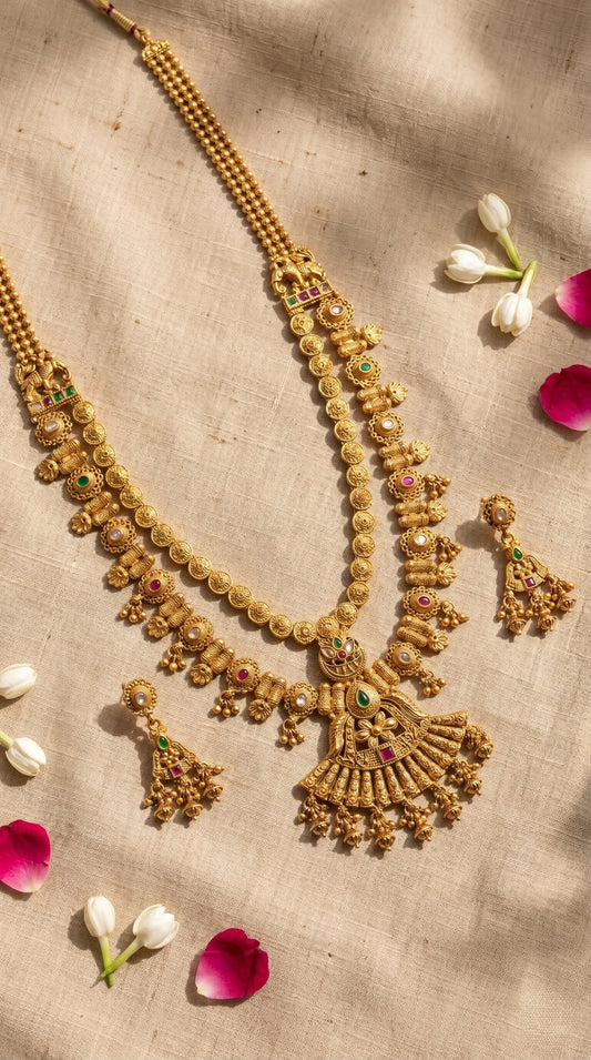 Rajwadi long necklace set in antique gold finish with matching earrings