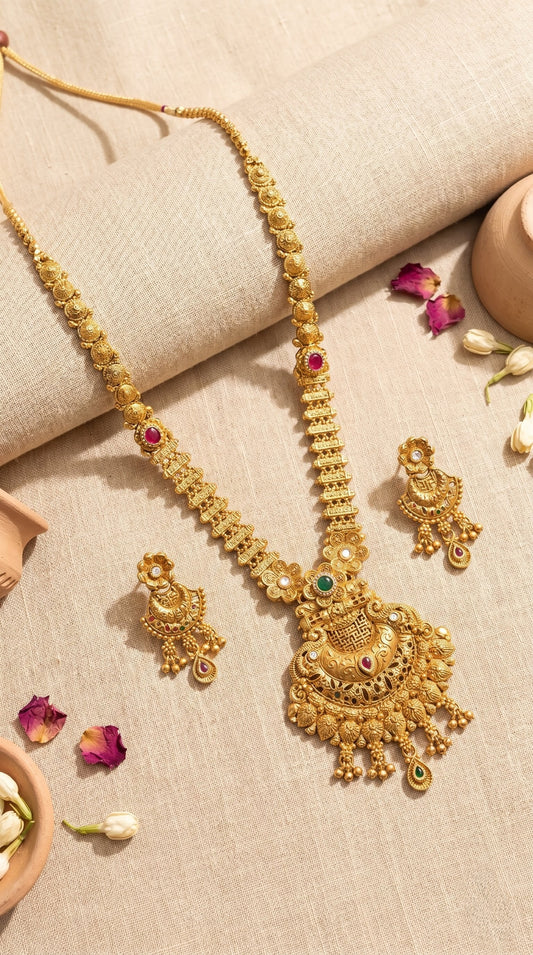 Urvi elegant Rajwadi long necklace set in antique gold finish with matching earrings