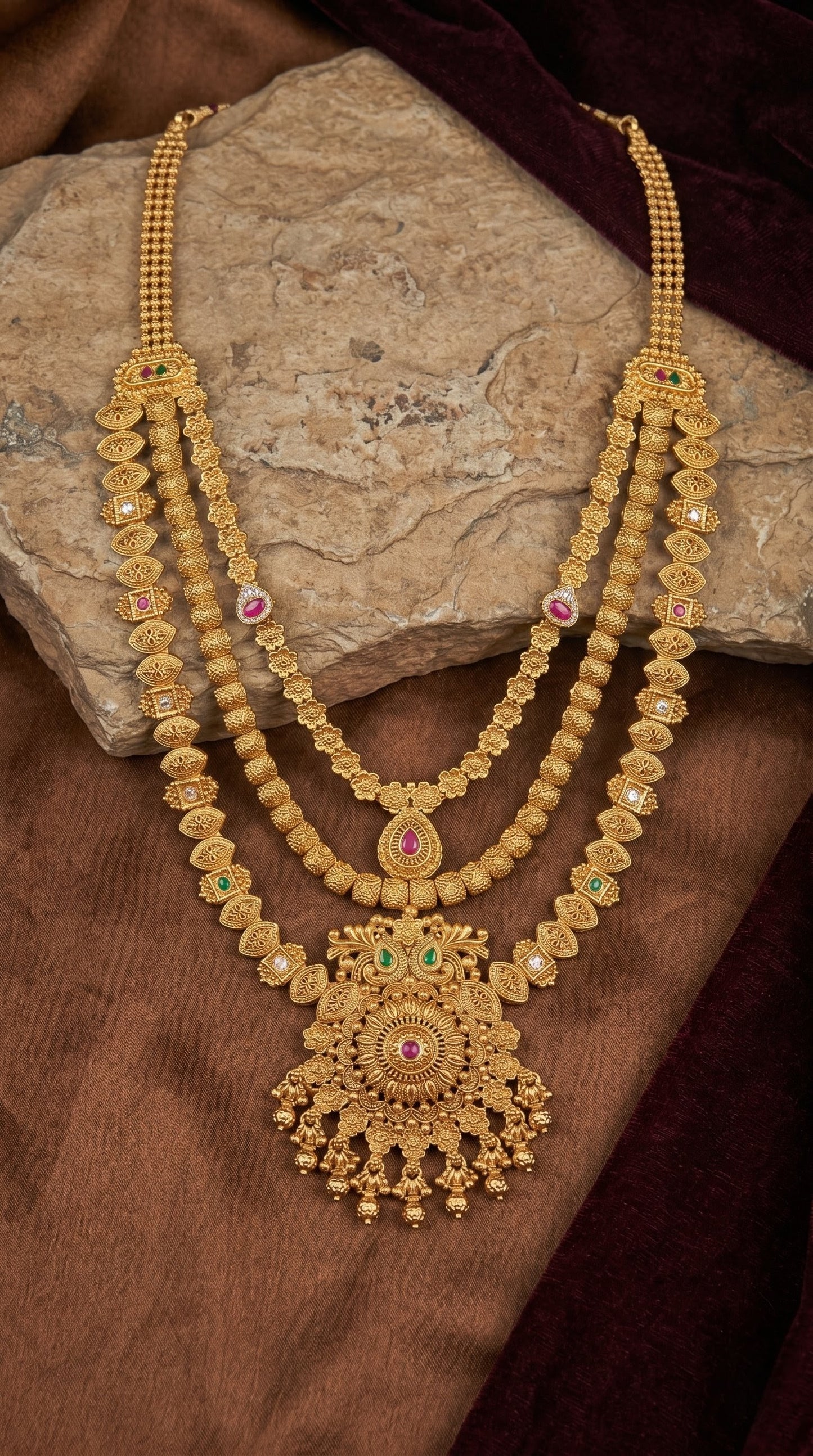 Traditional Rajwadi long necklace jewellery set worn by model