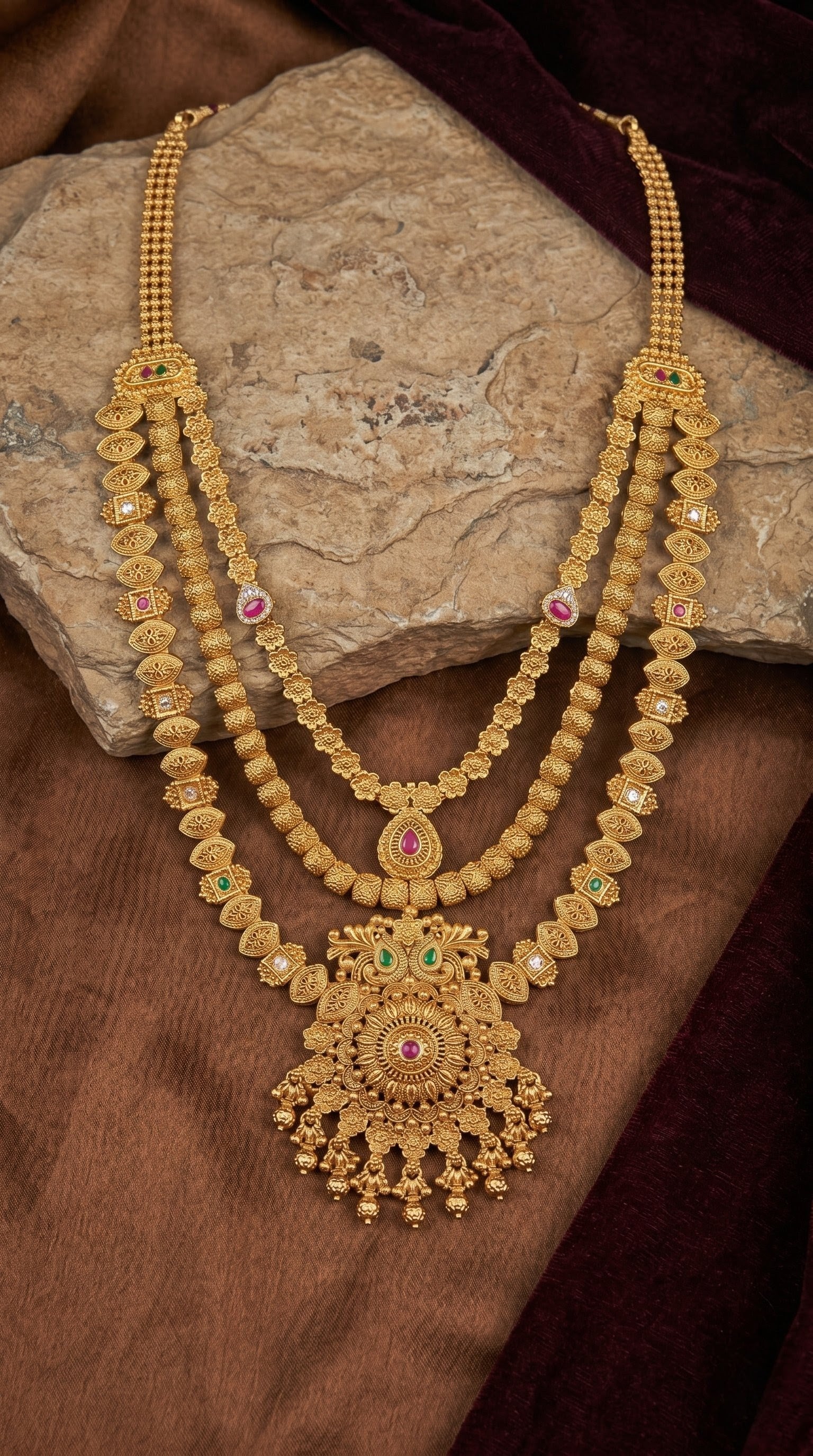 Traditional Rajwadi long necklace jewellery set worn by model
