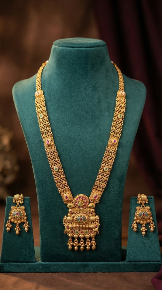 Detailed craftsmanship close up view of Navika Antique Gold look Longset