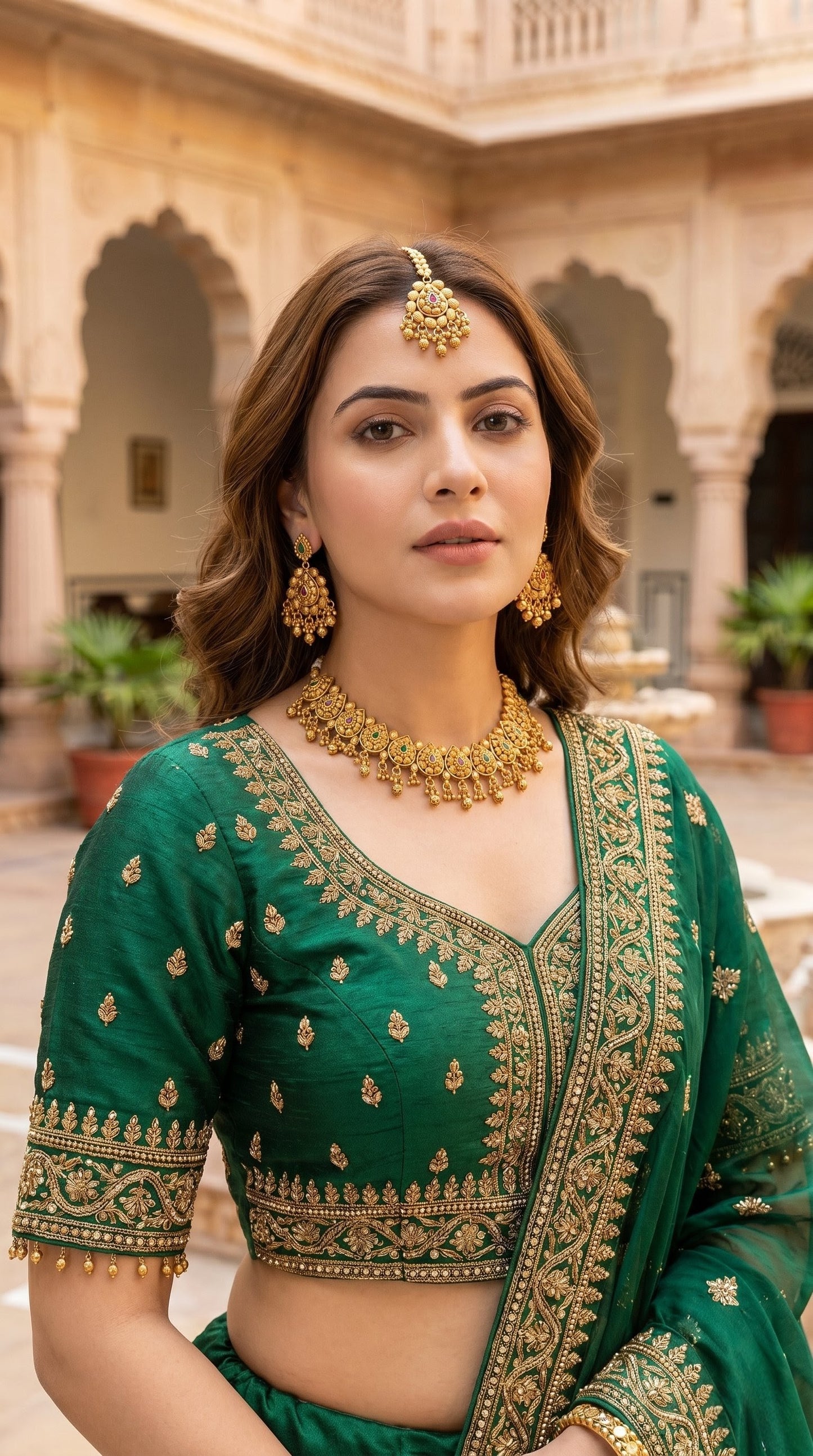 Woman wearing Aarushi artificial gold look necklace set with ethnic outfit