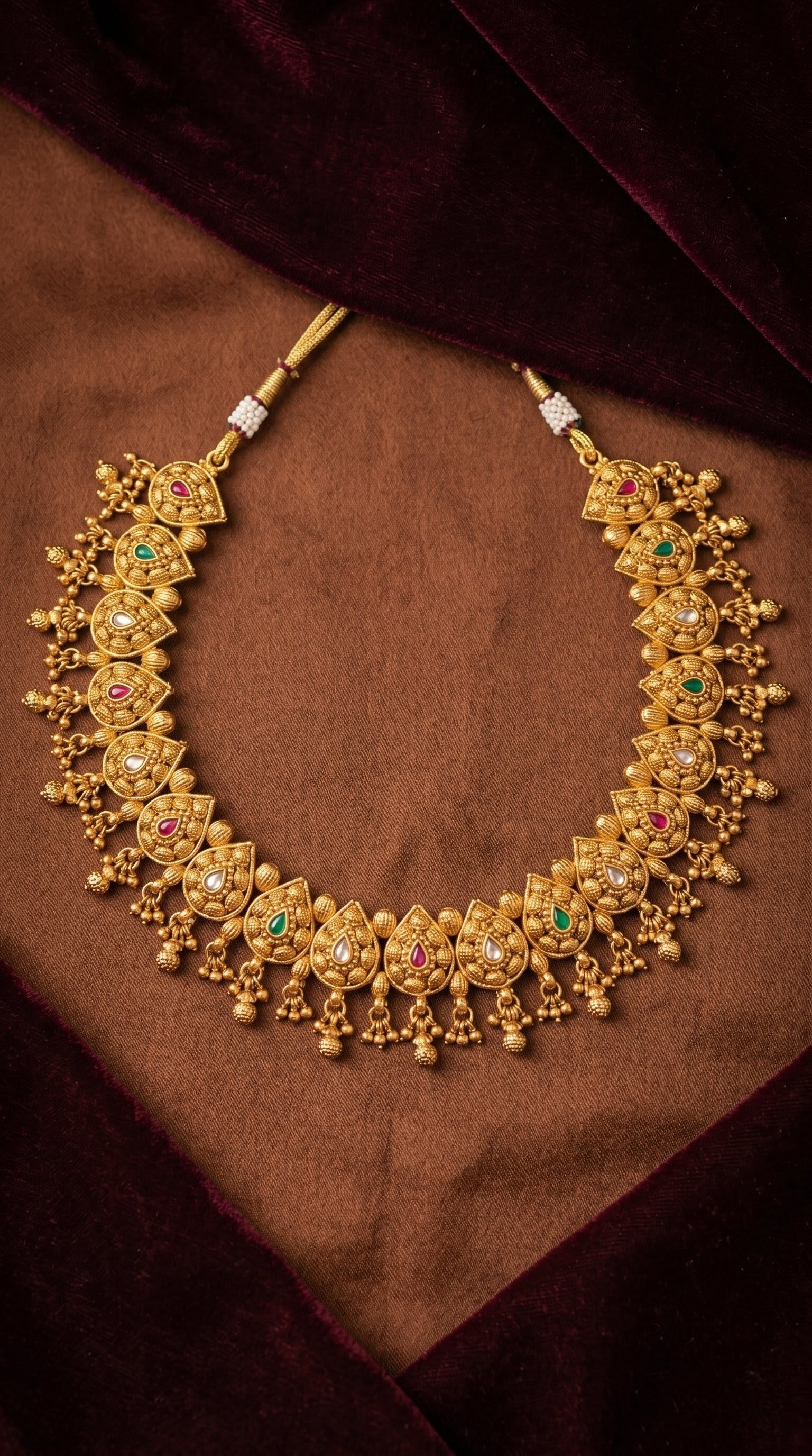 Traditional gold look necklace set for wedding and festive wear displayed