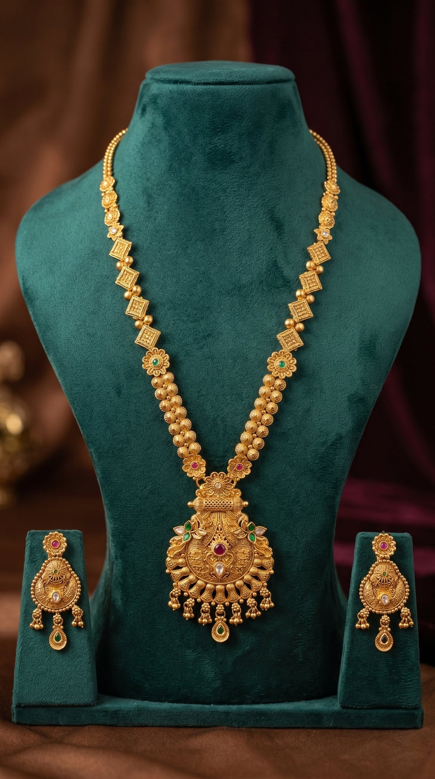Bridal long necklace set for saree and lehenga in antique gold style