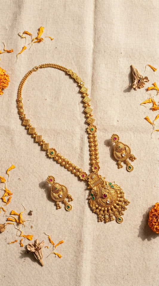 Rajwadi long necklace set in antique gold finish with matching earrings