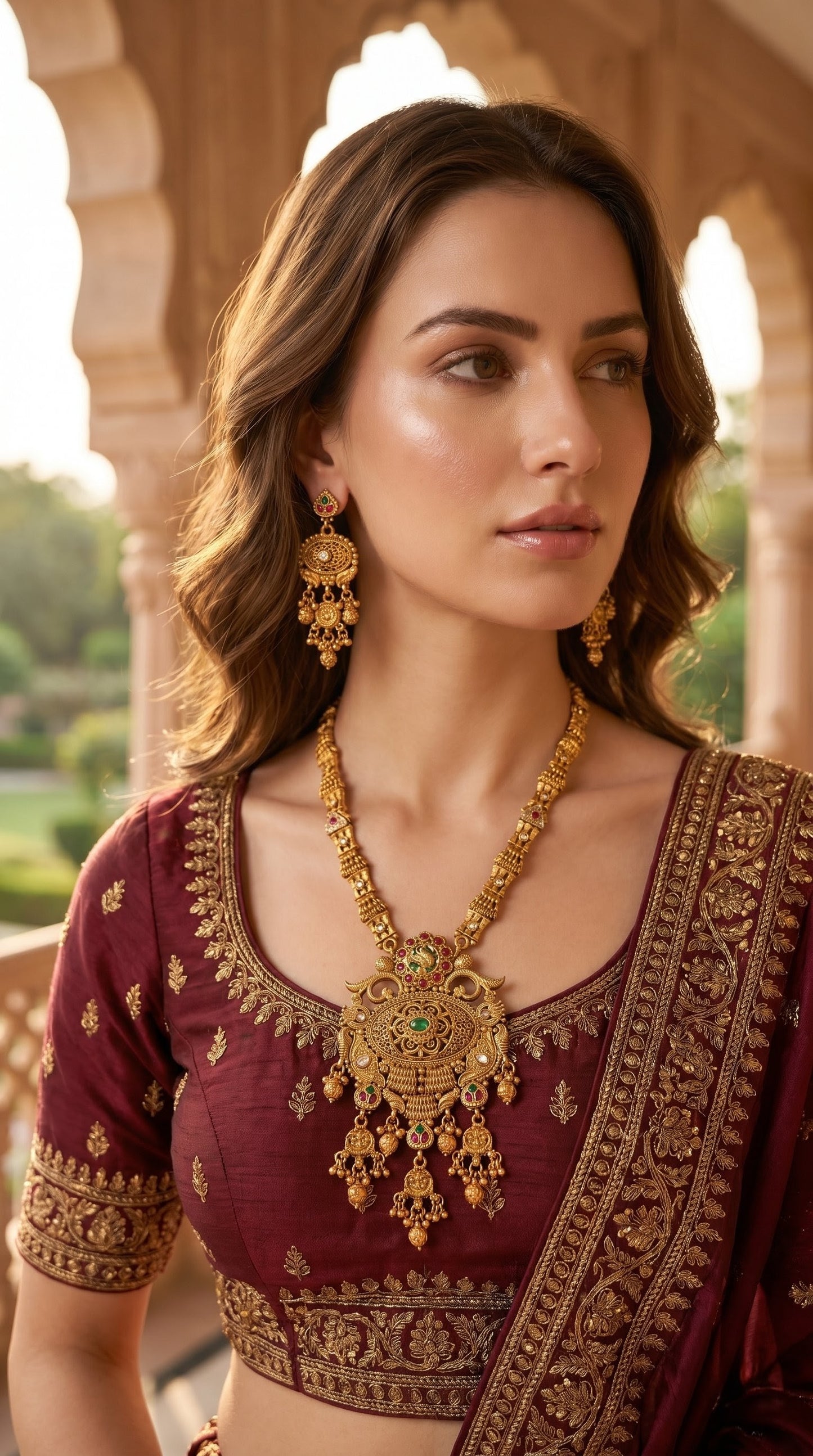 Woman wearing Charita premium Rajwadi long necklace set with traditional ethnic outfit