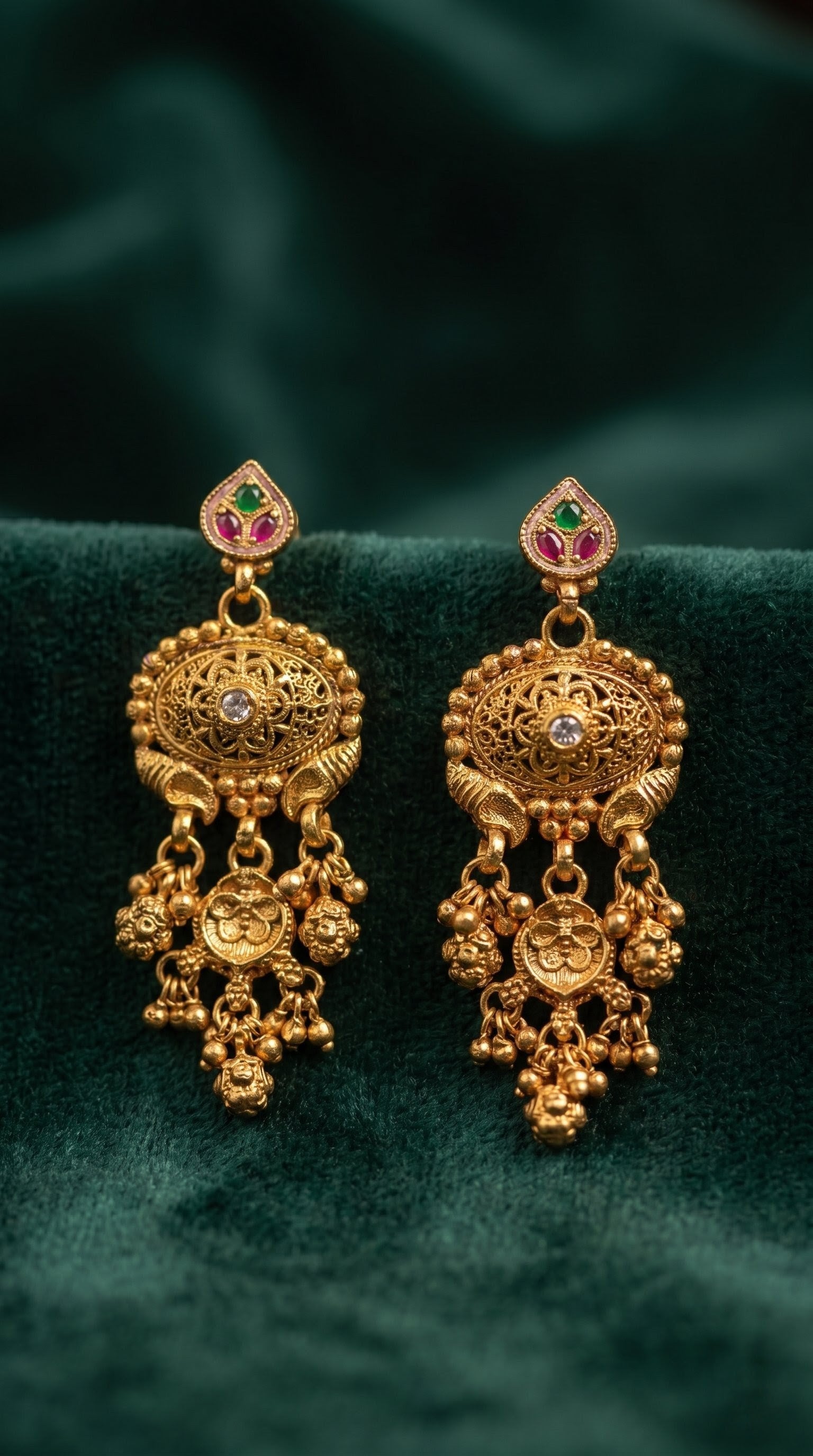 Matching antique gold Rajwadi earrings from Charita premium jewellery set