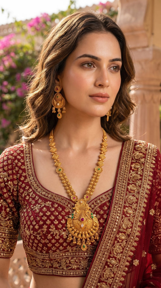 Woman wearing traditional Rajwadi long necklace jewellery set