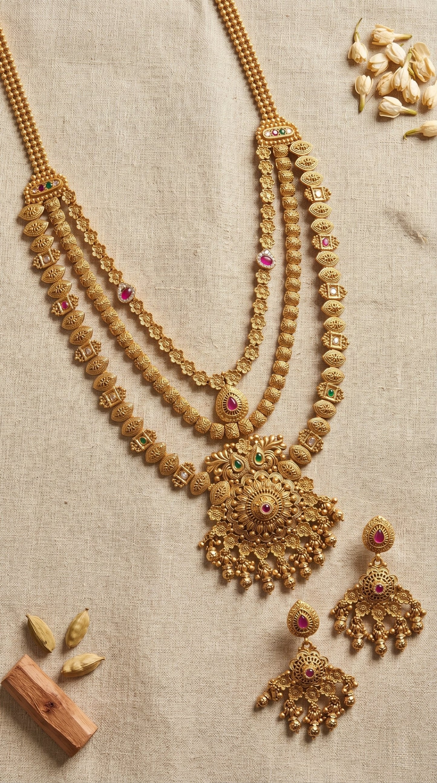 Rajwadi long necklace set in antique gold finish with matching earrings