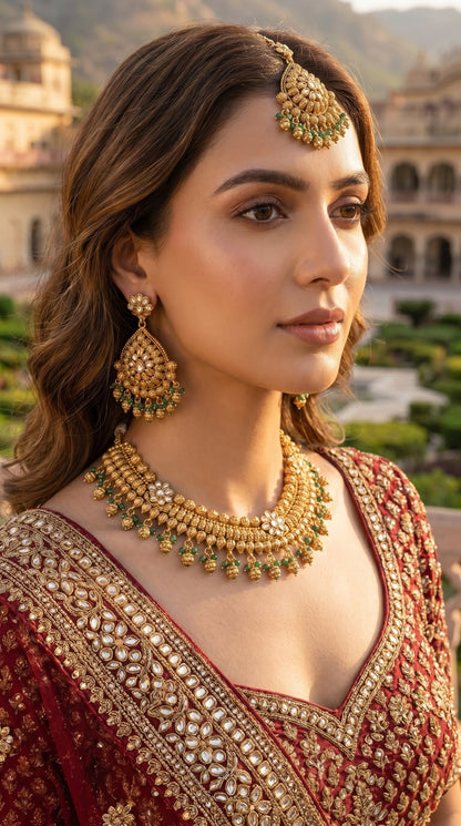 Woman wearing Manjusha artificial gold look necklace set with ethnic outfit