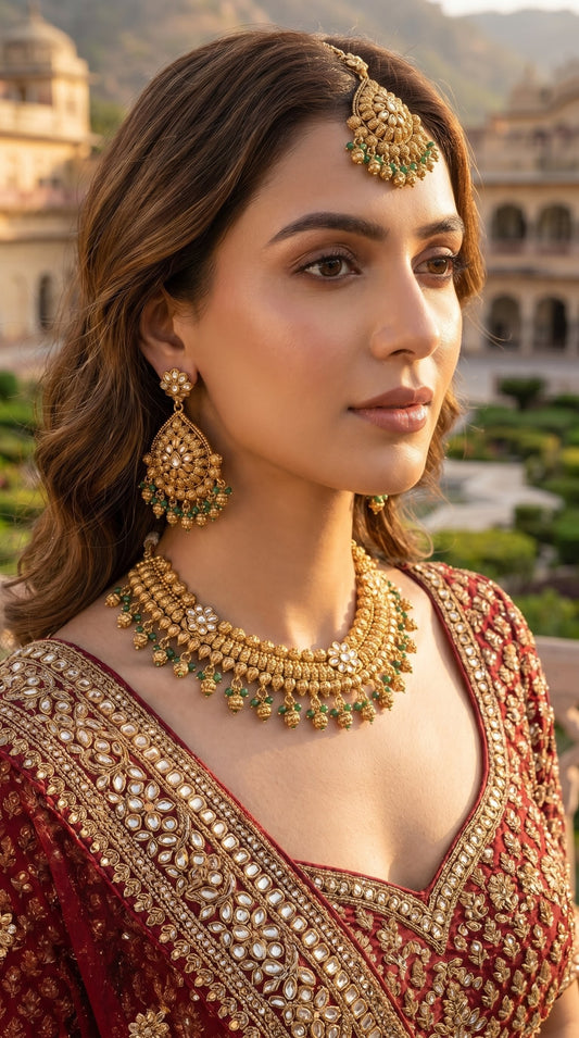 Woman wearing Manjusha artificial gold look necklace set with ethnic outfit