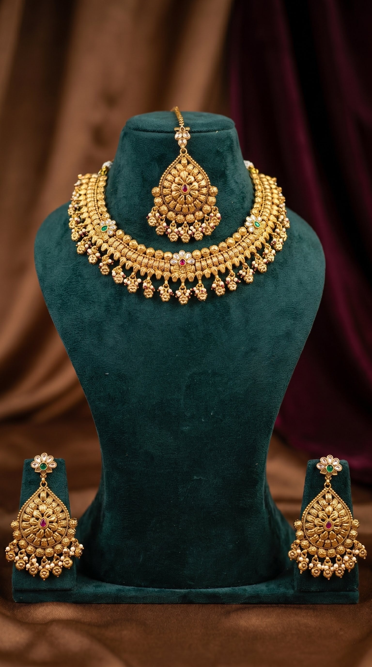 Manjusha gold look necklace set with matching earrings for women white