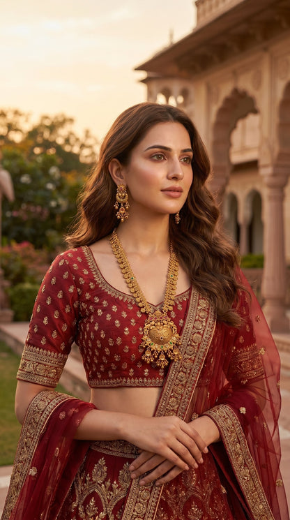 Woman wearing Misha Rajwadi long necklace set with traditional ethnic outfit