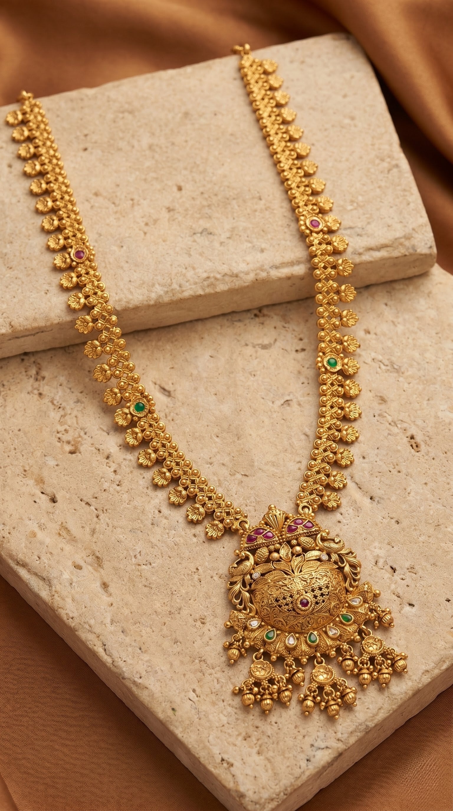Detailed antique gold Rajwadi pendant necklace design