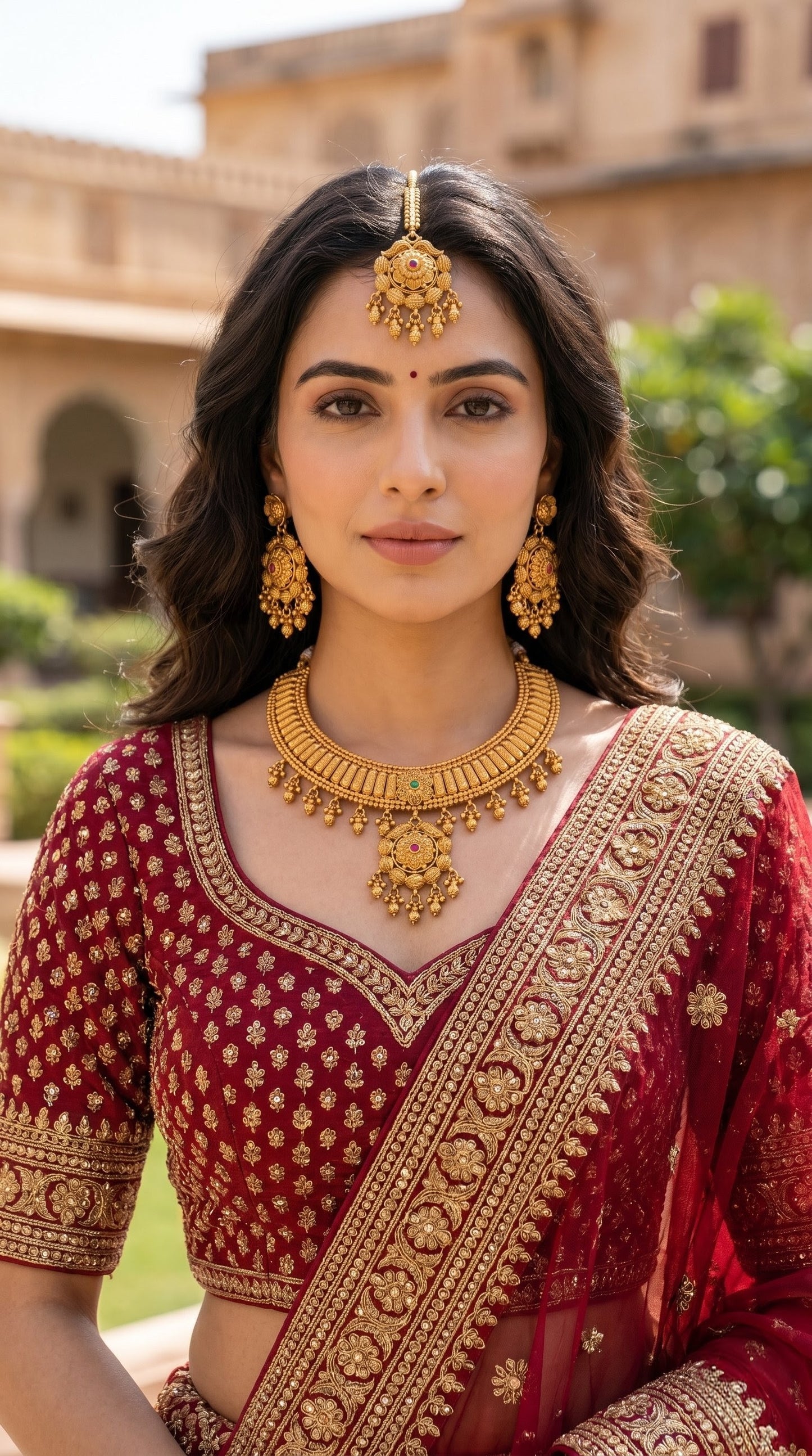 Woman wearing Pramila gold look rajwadi bridal artificial jewellery set 