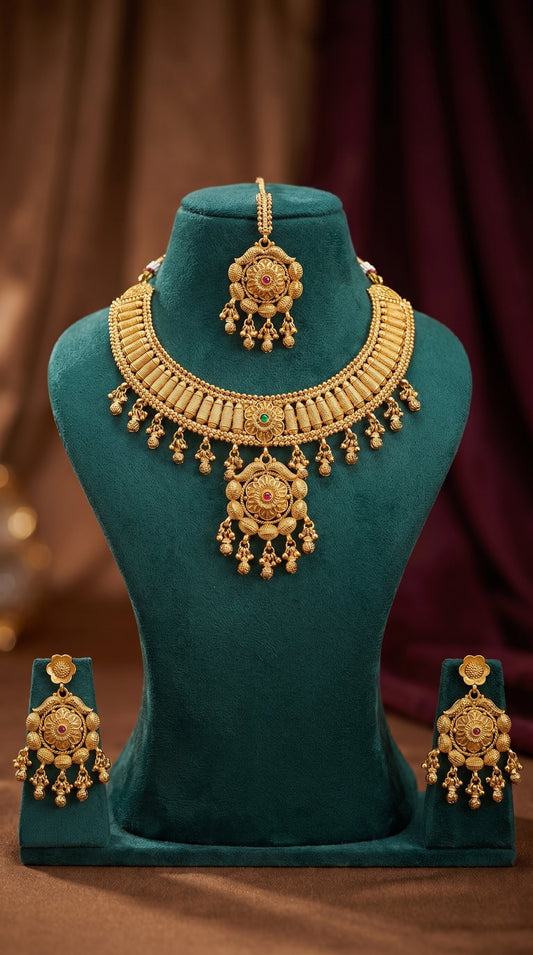 Traditional bridal gold look necklace set for weddings and festive wear