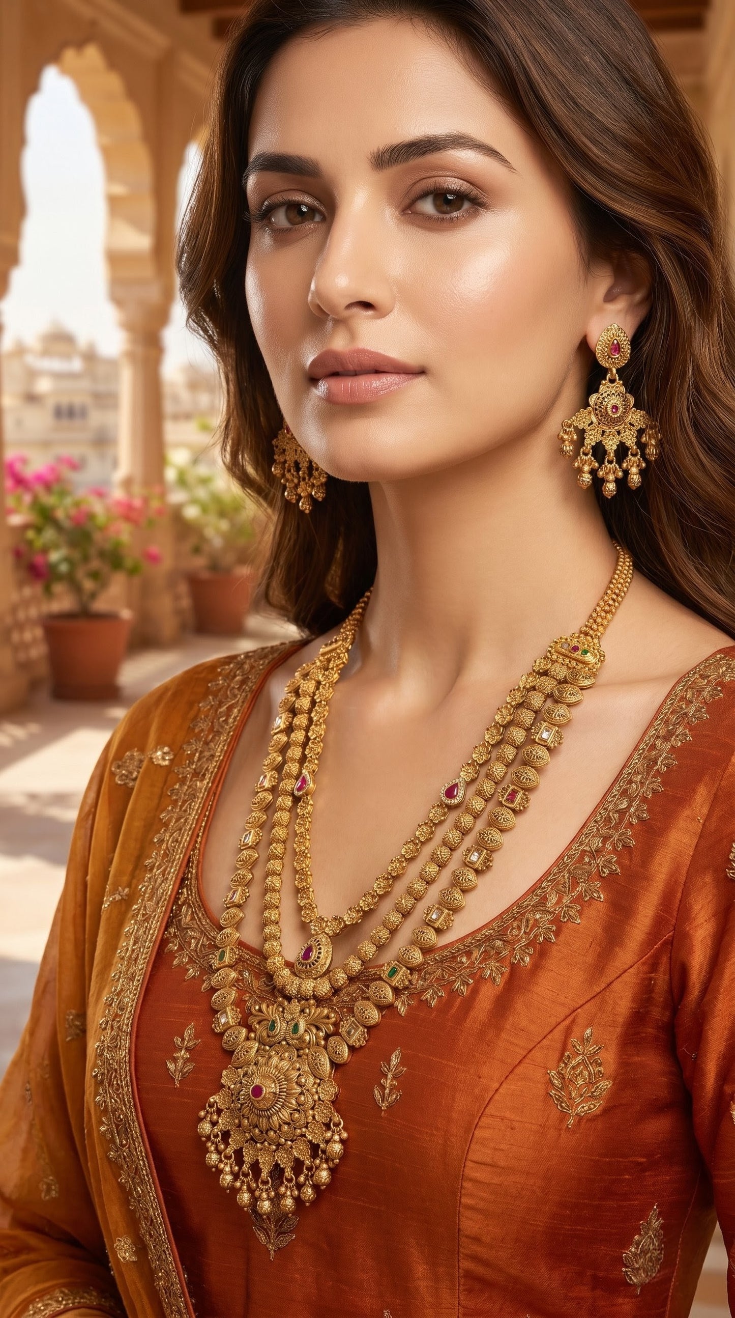 Antique gold long necklace set with pendant and earrings