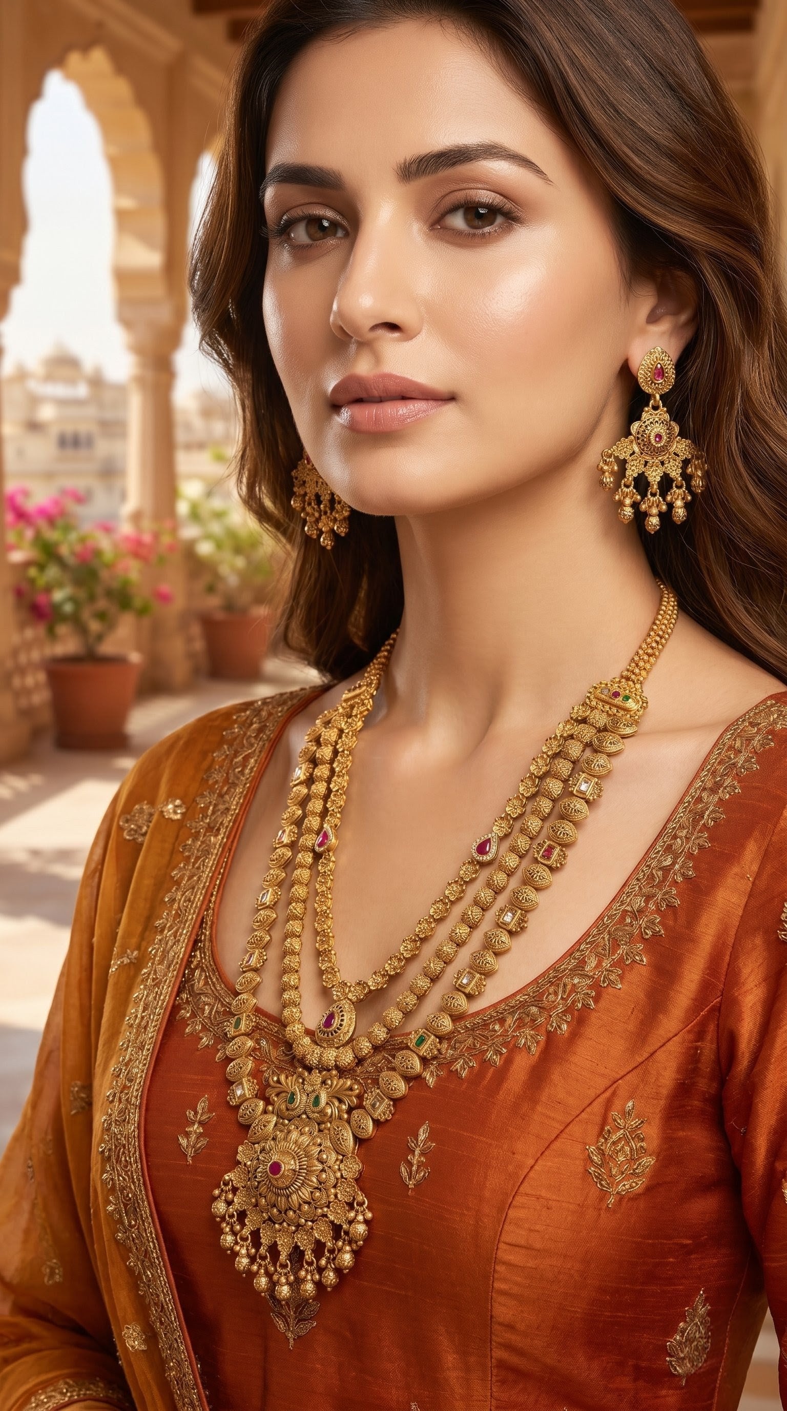 Antique gold long necklace set with pendant and earrings