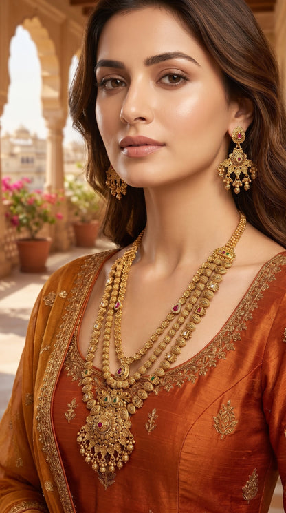 Antique gold long necklace set with pendant and earrings