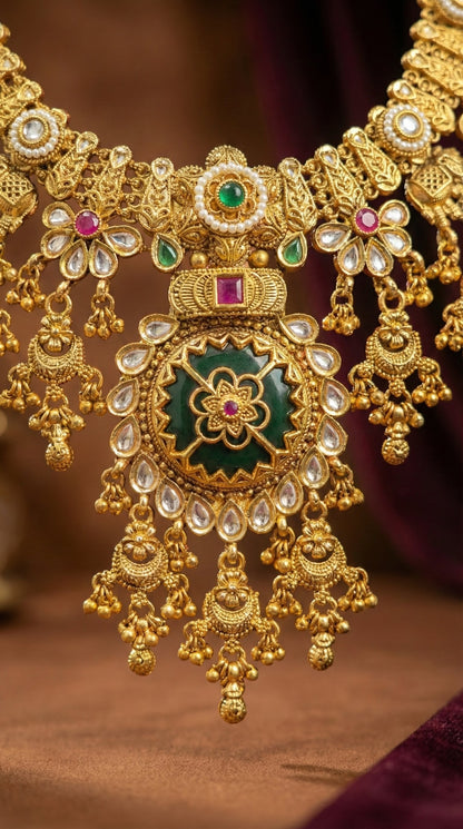 Close-up of antique gold Rajwadi imitation bridal necklace set