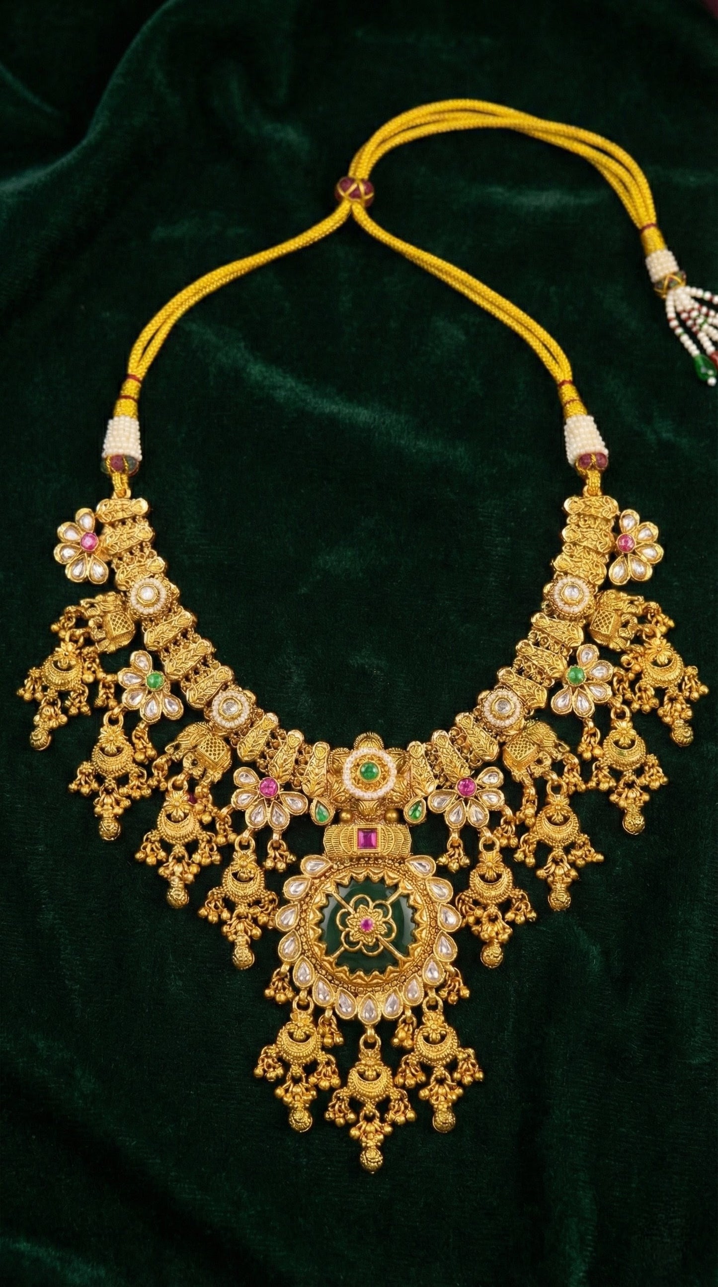 Antique gold Rajwadi bridal necklace set with detailed pendant design