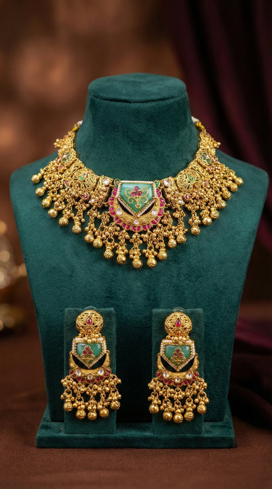 Alternate styling layout profile of Mahima Antique Gold Look Heritage Necklace Set