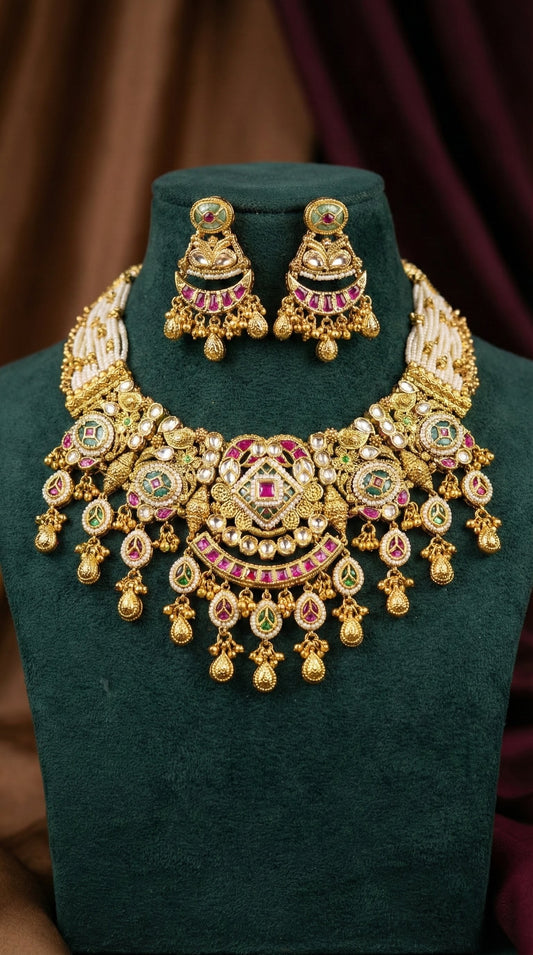 Alternate styling layout profile of Mahima Antique Gold Look Heritage Necklace Set