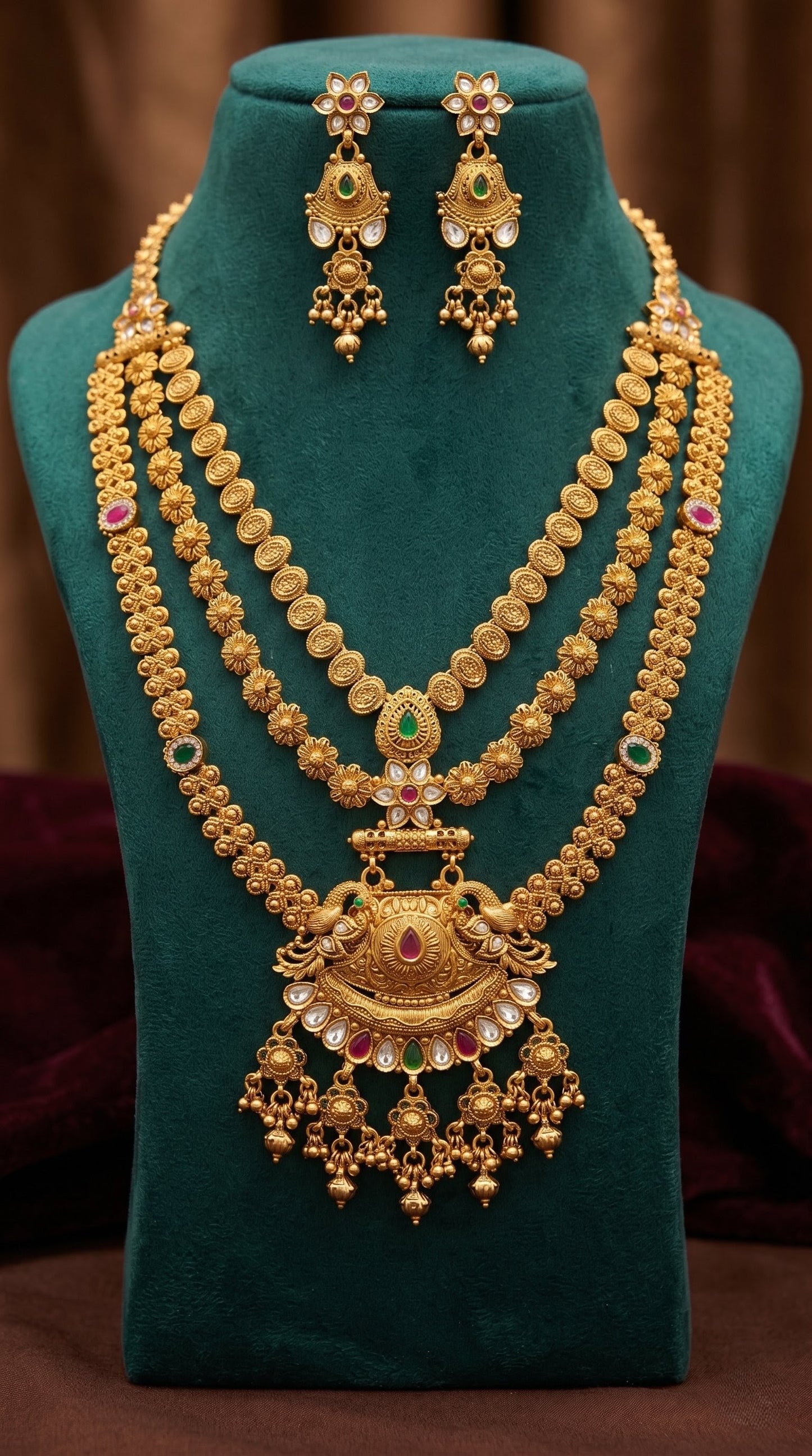 Traditional Rajwadi bridal long necklace set in antique gold polish