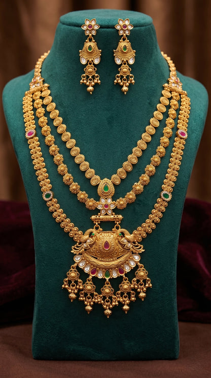 Traditional Rajwadi bridal long necklace set in antique gold polish