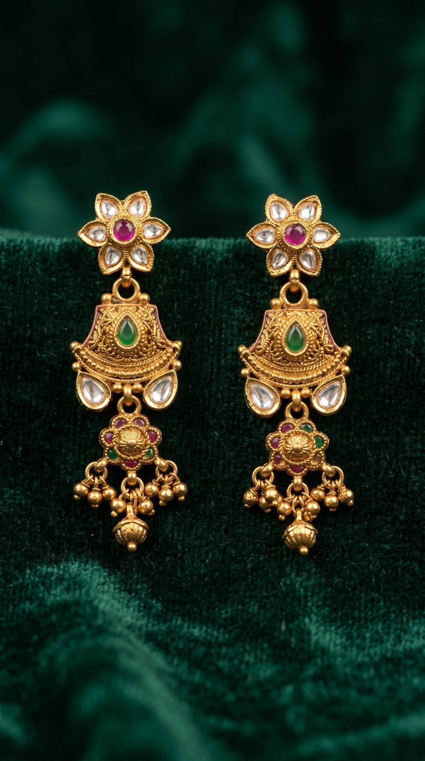 Matching antique gold Rajwadi earrings from Rutvi long necklace set