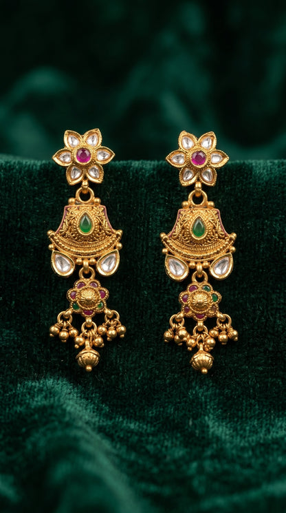 Matching antique gold Rajwadi earrings from Rutvi long necklace set