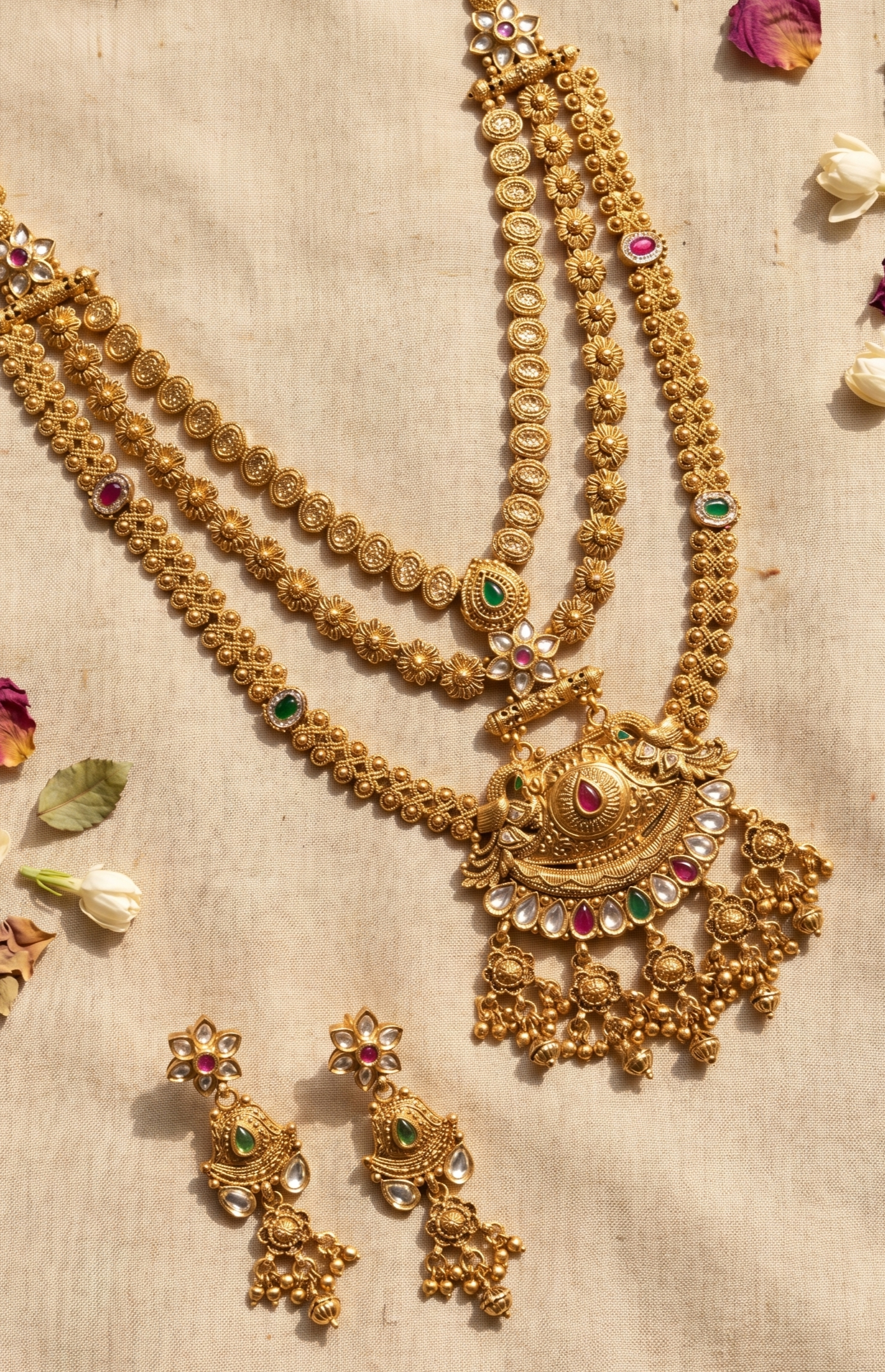 Rutvi elegant Rajwadi long necklace set in antique gold finish with matching earrings